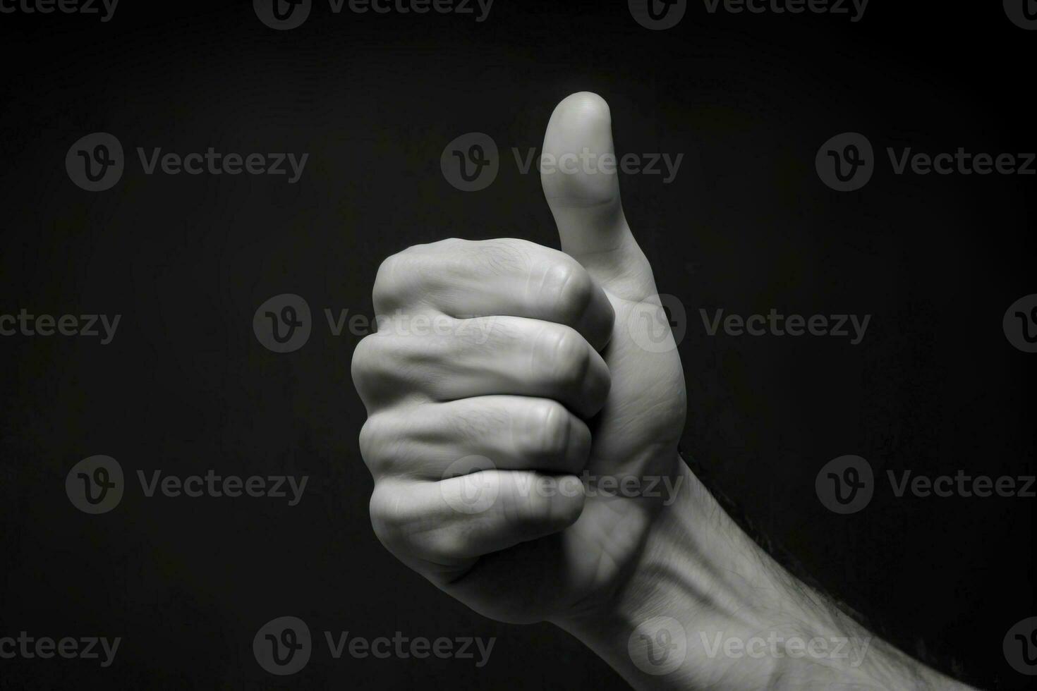 Thumb up, symbol of excellent hitchhiking. Man black background. AI generated. photo