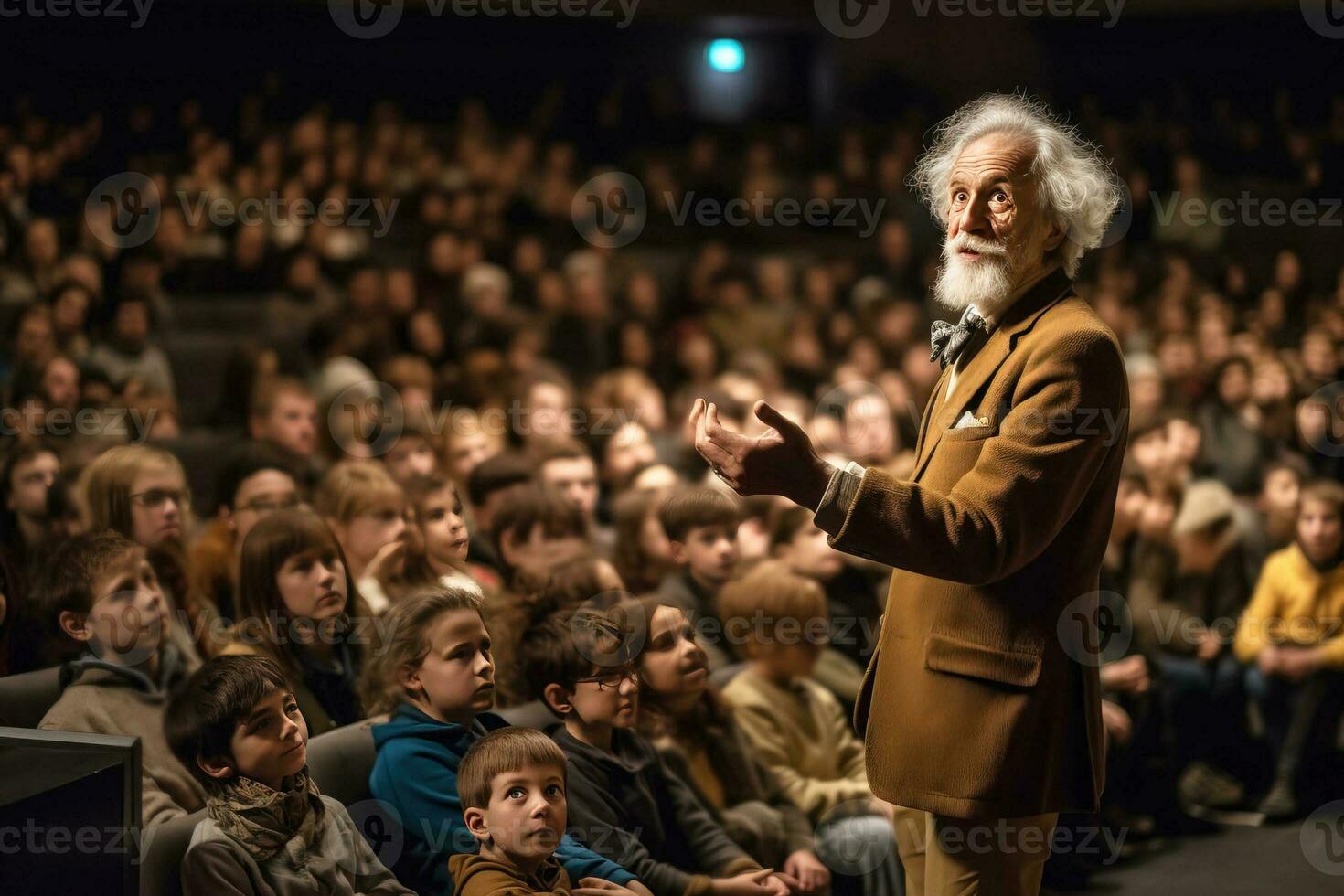 Lecture in a university auditorium to a group of students by a gray-haired professor teacher. AI generated. photo
