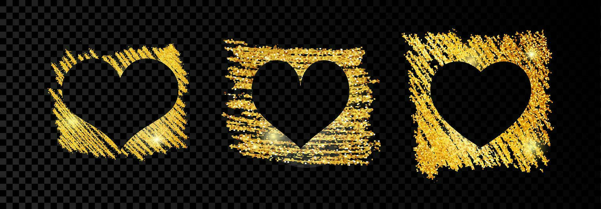 Set of three hearts on golden glittering scribble paint on dark background. Background with gold sparkles and glitter effect. Empty space for your text. Vector illustration