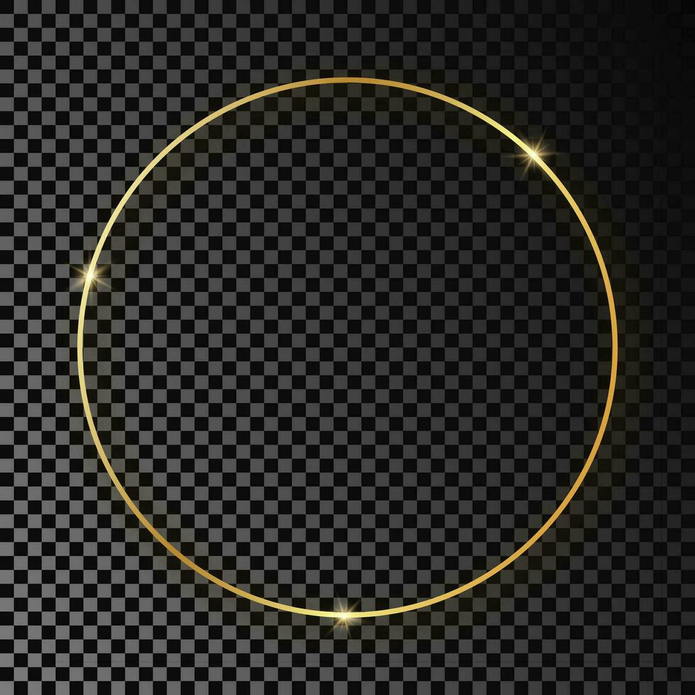 Gold glowing circle frame with shadow isolated on dark background. Shiny frame with glowing effects. Vector illustration.