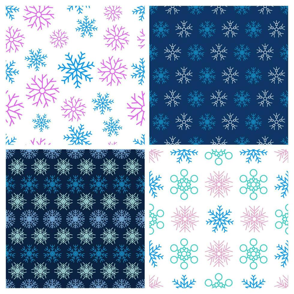 Seamless background with snowflakes. Set of four Christmas and New Year backdrops. Christmas decoration elements. Vector illustration.