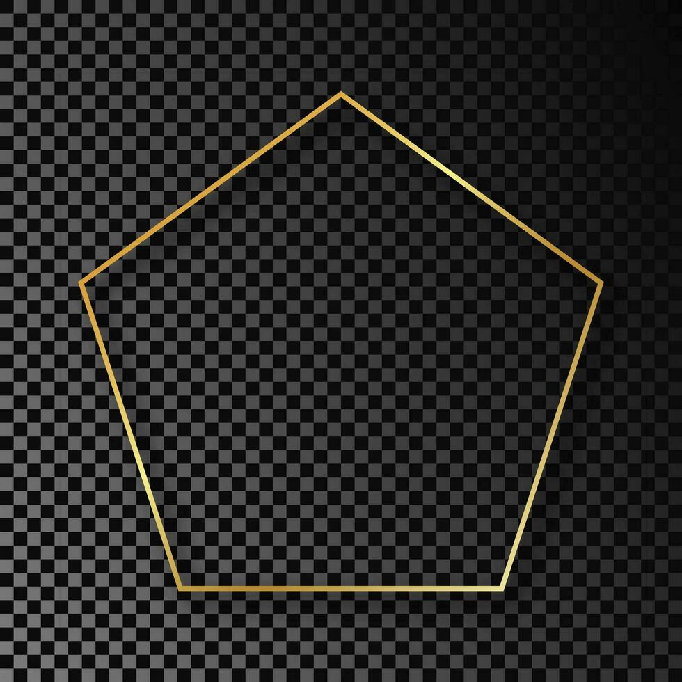 Gold glowing pentagon shape frame with shadow isolated on dark background. Shiny frame with glowing effects. Vector illustration.