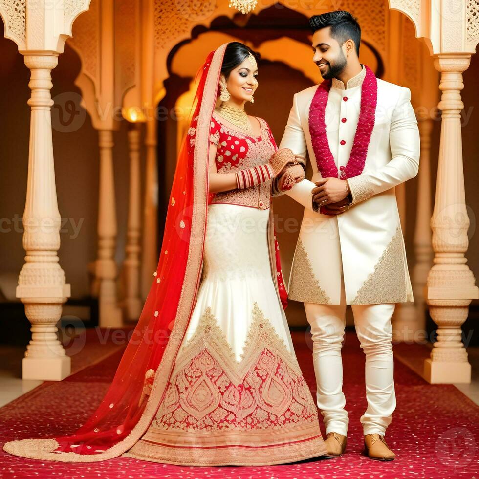 AI generated Indian groom dressed in white Sherwani and red hat with stunning bride in red lehenga stand and hold each hands walking outside photo