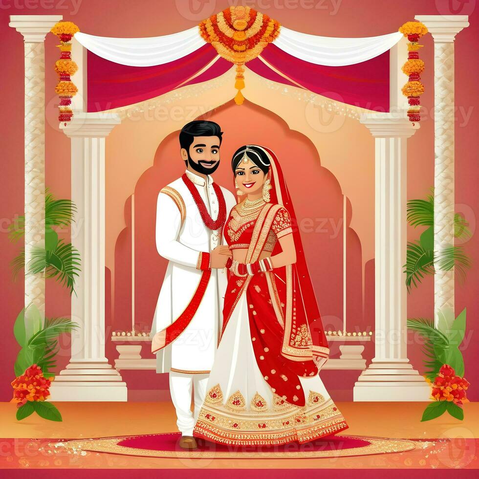 AI generated Indian groom dressed in white Sherwani and red hat with stunning bride in red lehenga stand and hold each hands walking outside photo