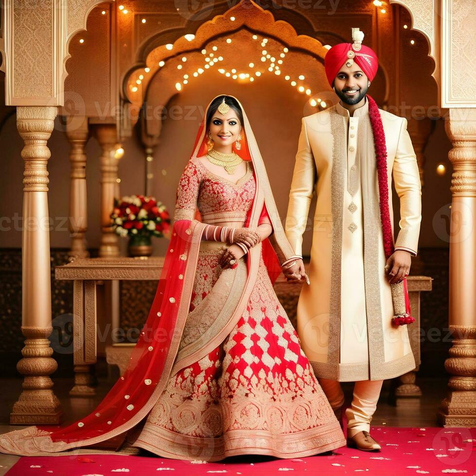 AI generated Indian groom dressed in white Sherwani and red hat with stunning bride in red lehenga stand and hold each hands walking outside photo