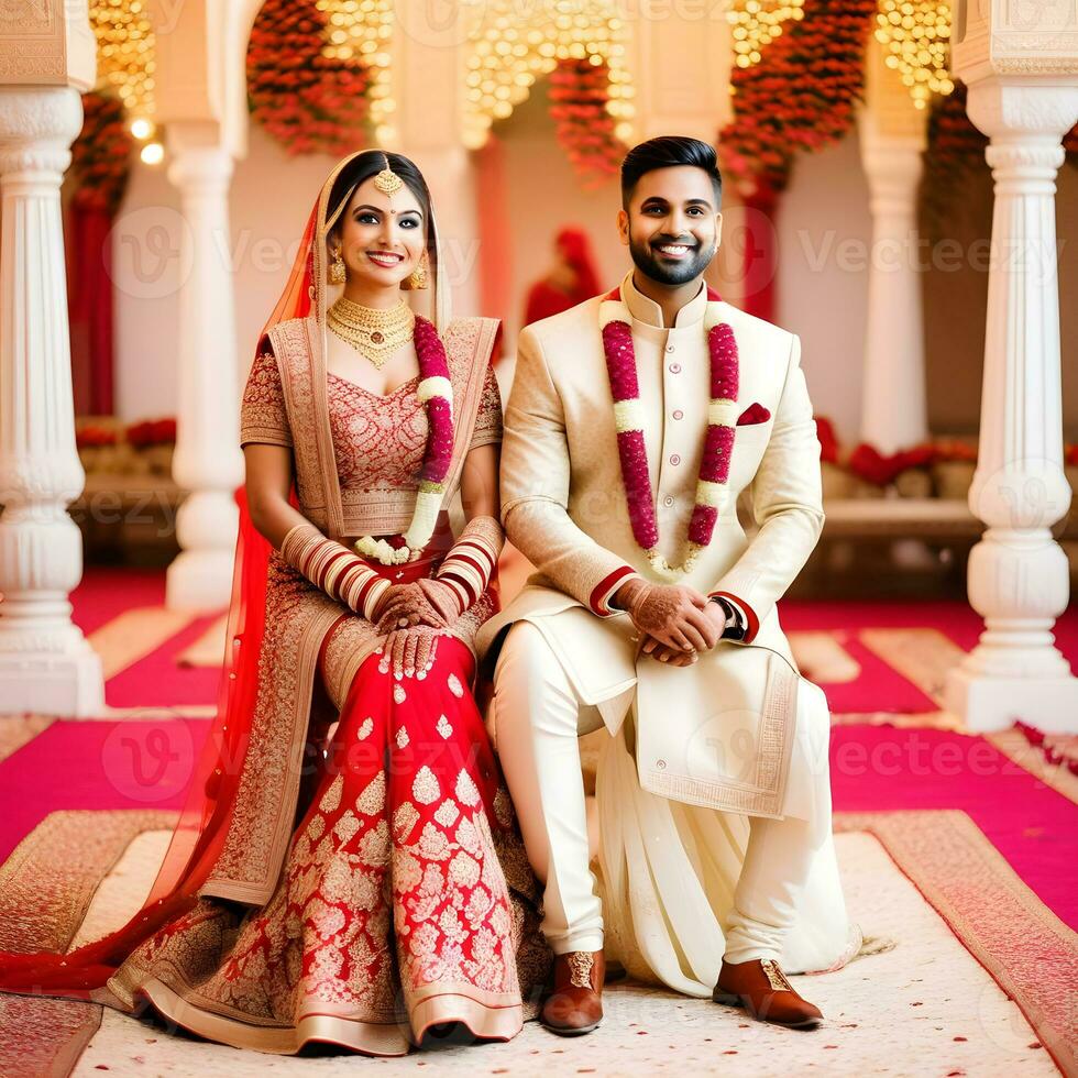 AI generated Indian groom dressed in white Sherwani and red hat with stunning bride in red lehenga stand and hold each hands walking outside photo