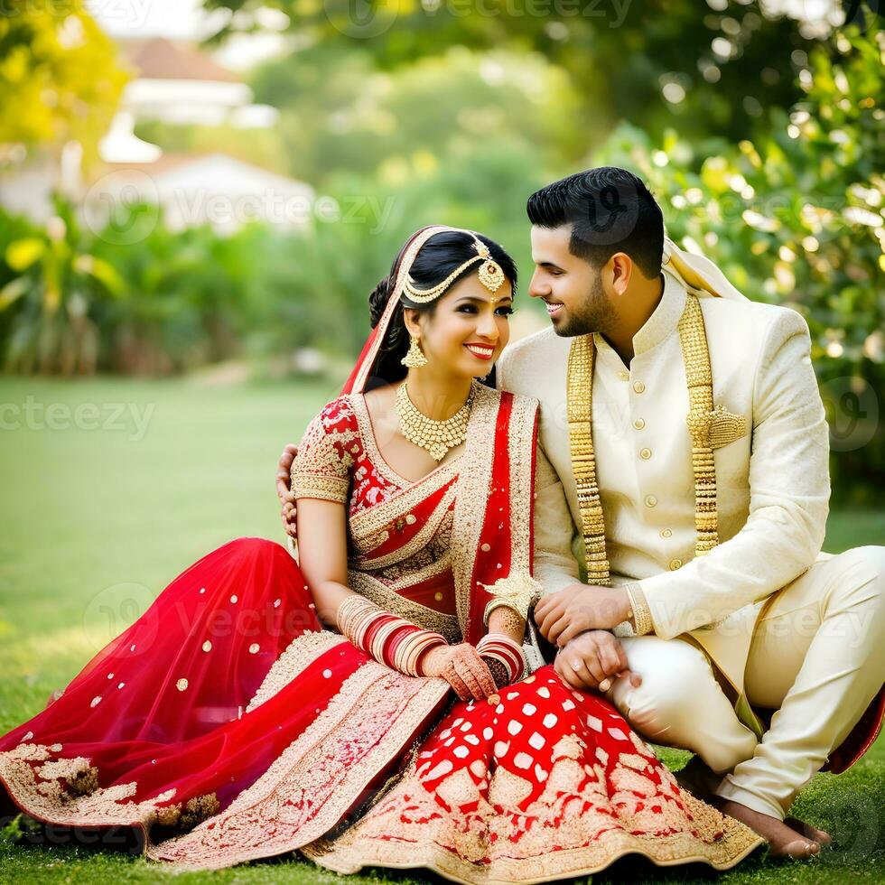 AI generated Indian groom dressed in white Sherwani and red hat with stunning bride in red lehenga stand and hold each hands walking outside photo