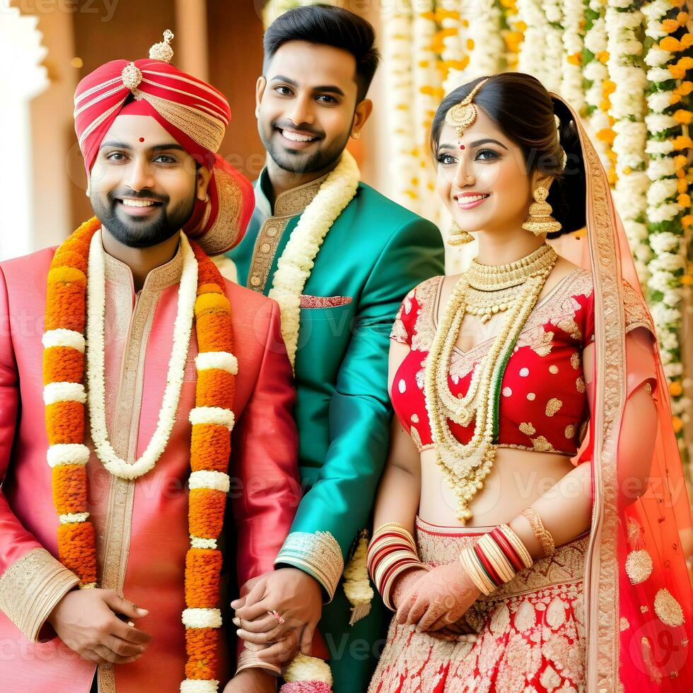 AI generated Indian groom dressed in white Sherwani and red hat with stunning bride in red lehenga stand and hold each hands walking outside photo