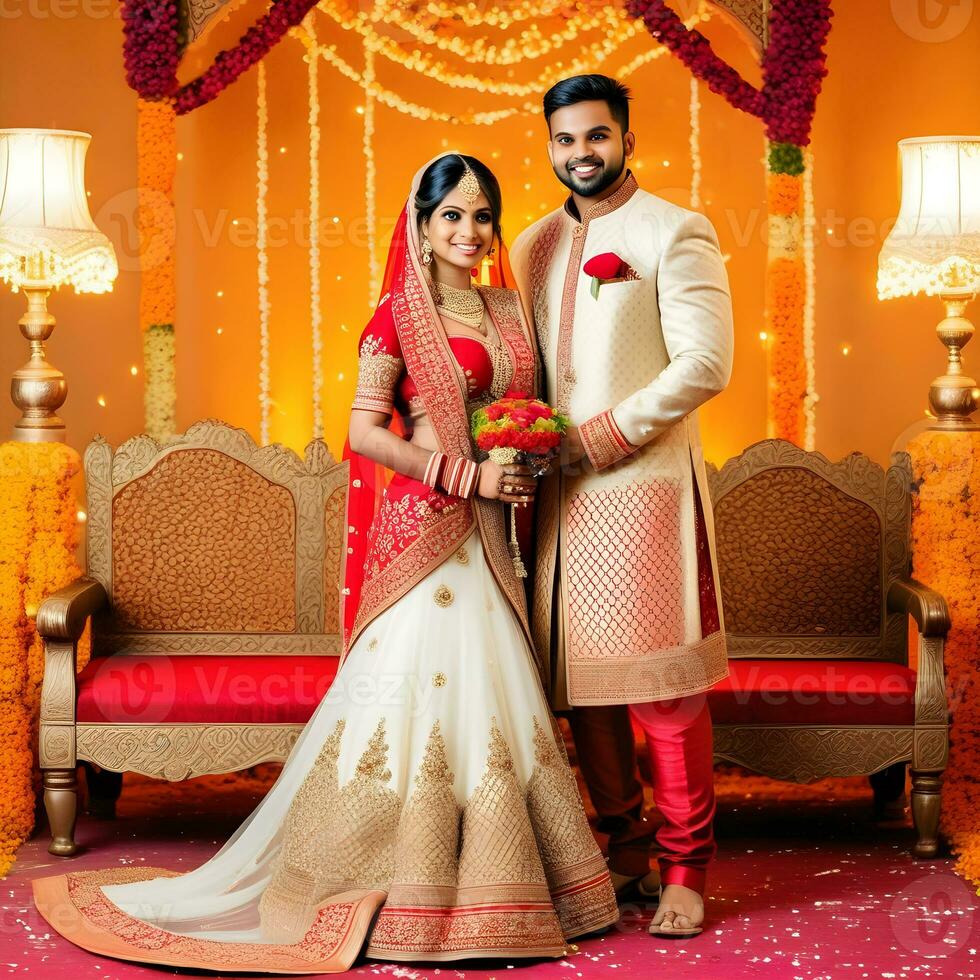 AI generated Indian groom dressed in white Sherwani and red hat with stunning bride in red lehenga stand and hold each hands walking outside photo
