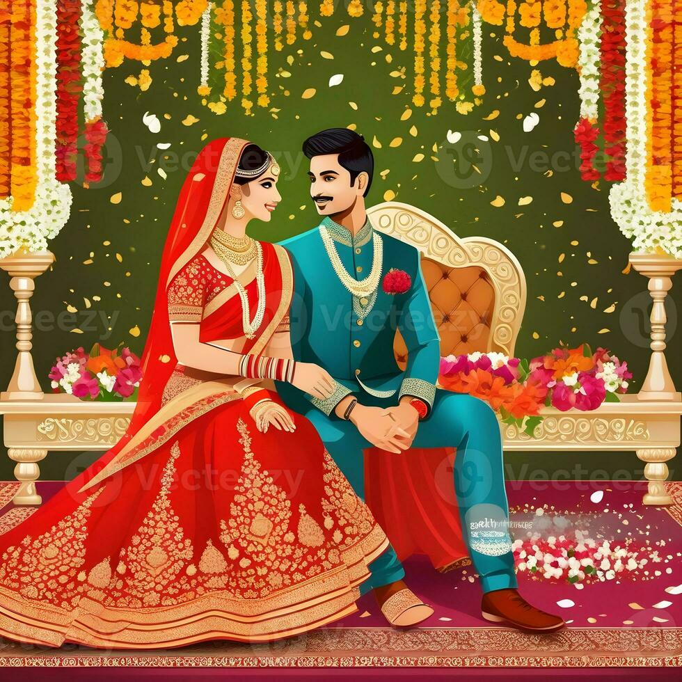 AI generated Indian groom dressed in white Sherwani and red hat with stunning bride in red lehenga stand and hold each hands walking outside photo