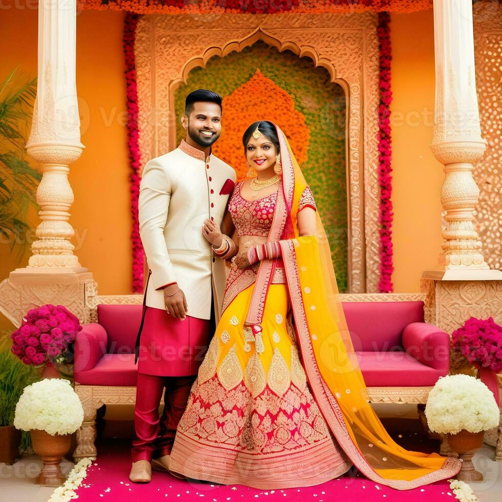 AI generated Indian groom dressed in white Sherwani and red hat with stunning bride in red lehenga stand and hold each hands walking outside photo