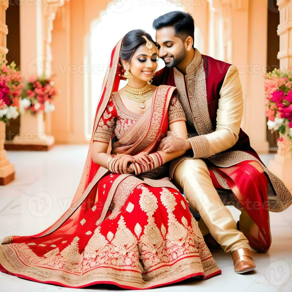 AI generated Indian groom dressed in white Sherwani and red hat with stunning bride in red lehenga stand and hold each hands walking outside photo