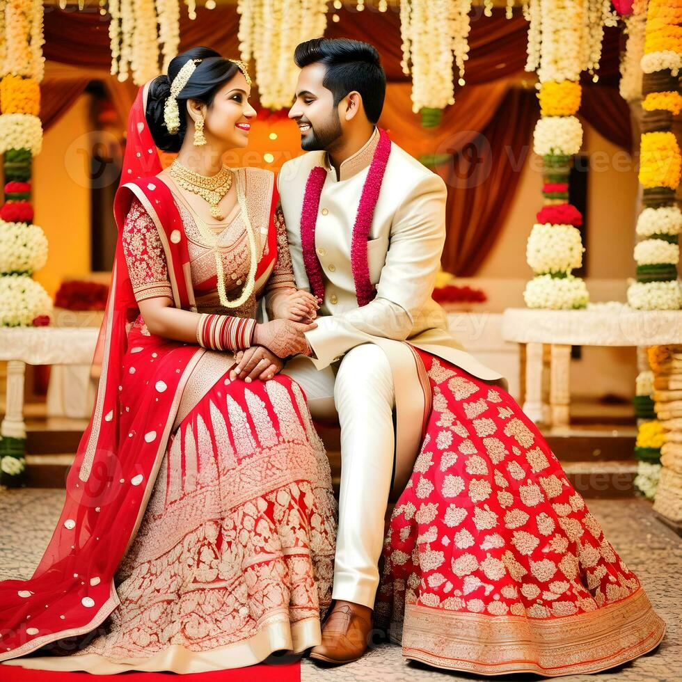 AI generated Indian groom dressed in white Sherwani and red hat with stunning bride in red lehenga stand and hold each hands walking outside photo