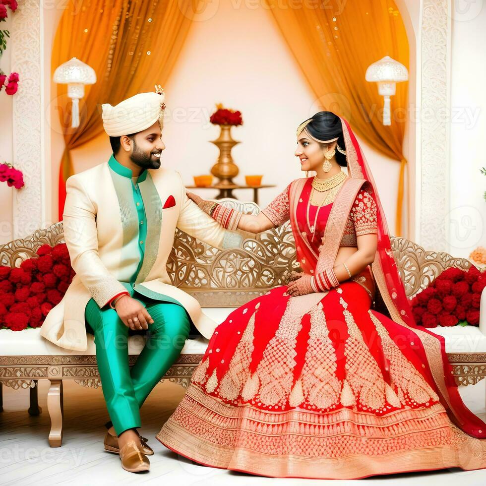 AI generated Indian groom dressed in white Sherwani and red hat with stunning bride in red lehenga stand and hold each hands walking outside photo