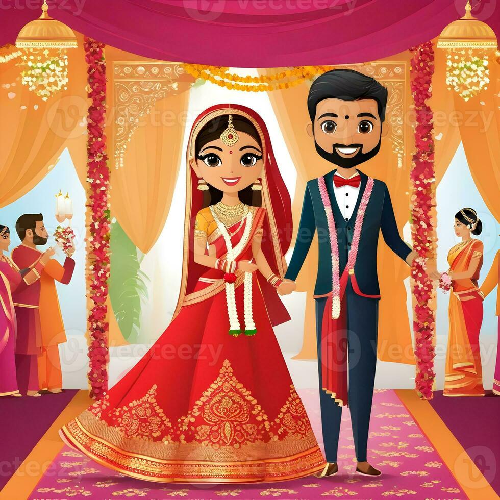 AI generated Indian groom dressed in white Sherwani and red hat with stunning bride in red lehenga stand and hold each hands walking outside photo