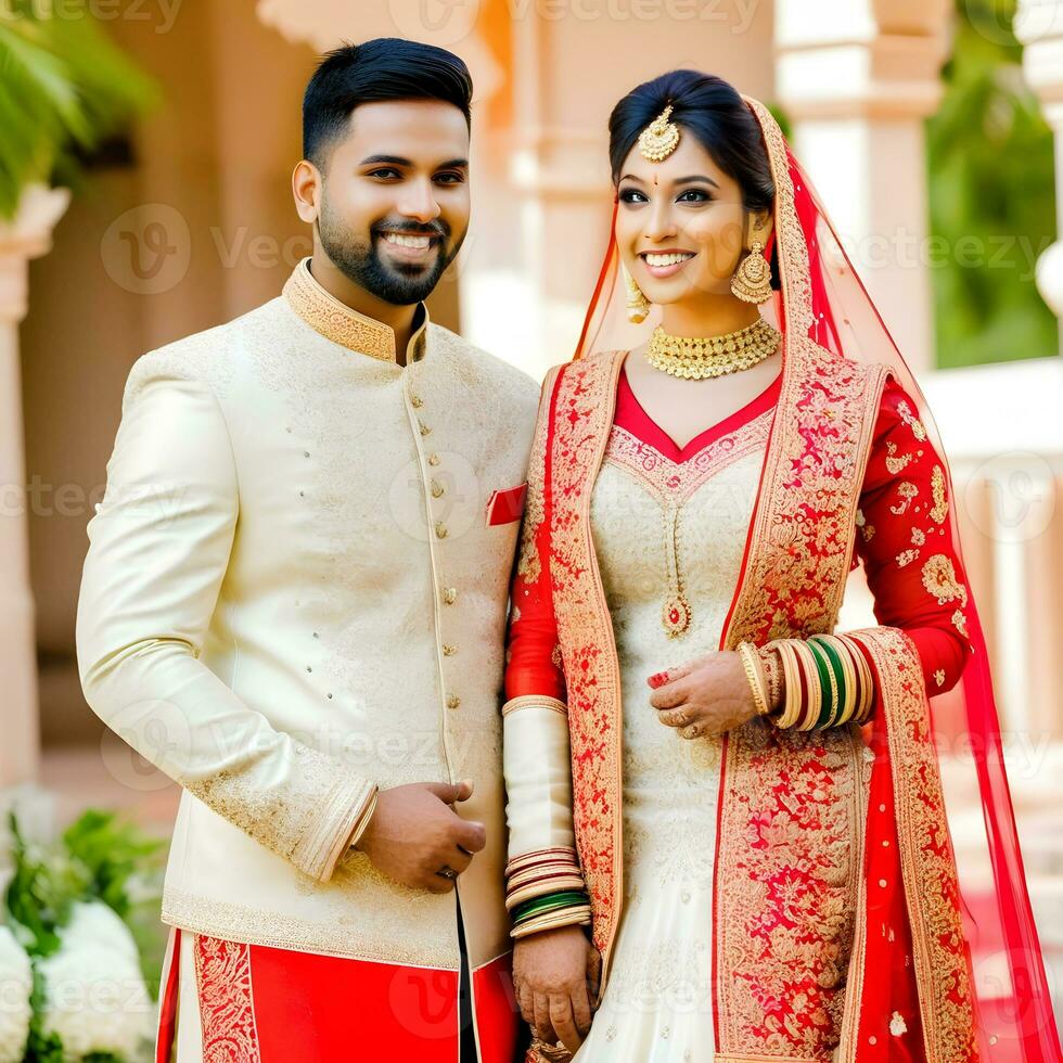 AI generated Indian groom dressed in white Sherwani and red hat with stunning bride in red lehenga stand and hold each hands walking outside photo