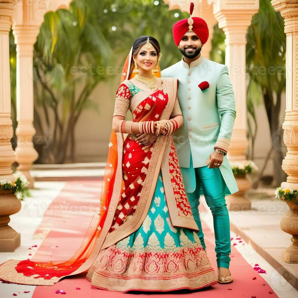 AI generated Indian groom dressed in white Sherwani and red hat with stunning bride in red lehenga stand and hold each hands walking outside photo