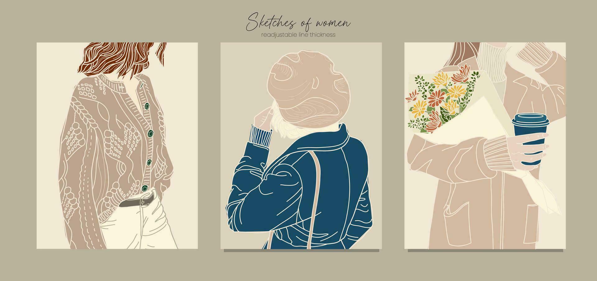 estético hembra bocetos, siluetas boho mujer retratos en pastel colores. colección de contemporáneo Arte carteles niña con café, ramo de flores de flores, boina. Moda modelo imprimir, póster. vector