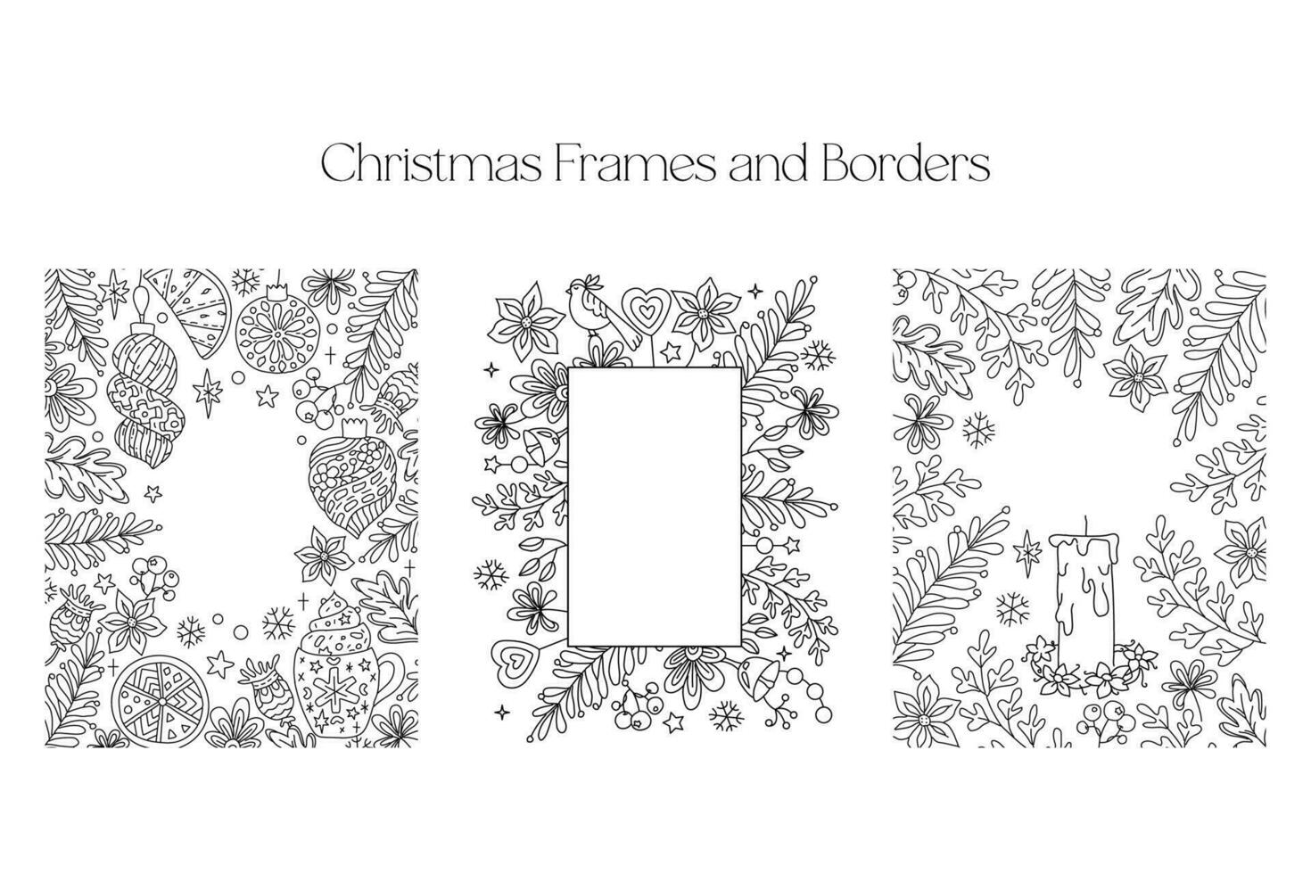 Christmas Frames and Borders set. Coloring page for kids and adults. Greeting card Happy New Year 2024, Merry Christmas. Children Colouring book pictures. Black and white ornate frame collection. vector