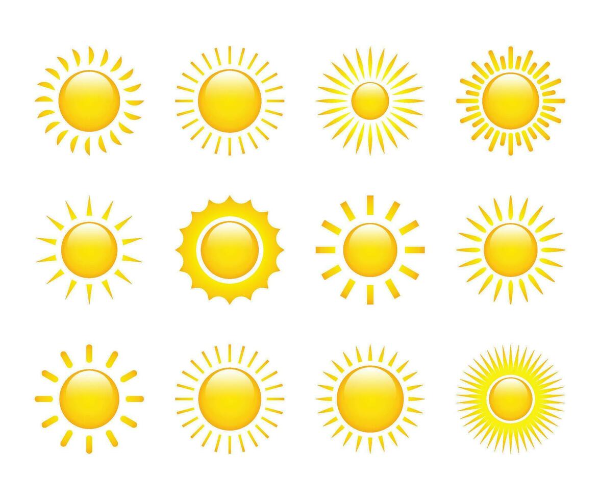 Set of sun vector icons. Collection of sun stars for use as logo or weather icon.