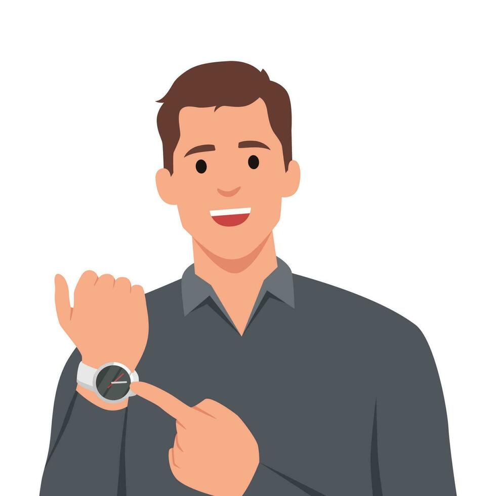 Young man pointing or showing time on his wrist watch. vector