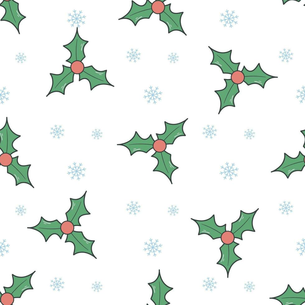 Navidad acebo con bayas y copos de nieve sin costura modelo vector