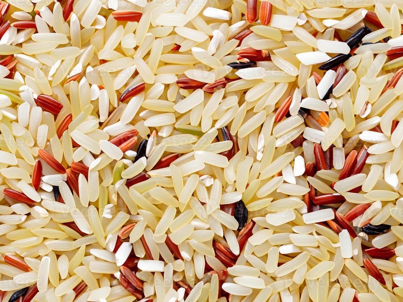 AI generated rice with pork and vegetables in plate on white background. top view photo