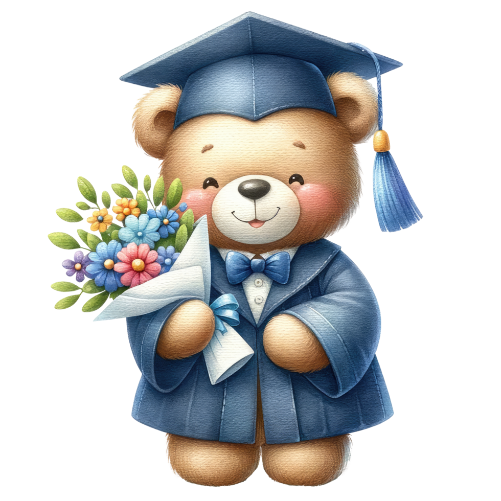 AI generated Cute teddy bear graduation watercolor isolated. png