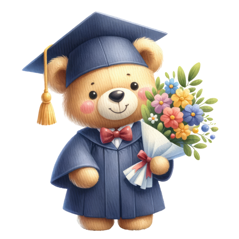 AI generated Cute teddy bear graduation watercolor isolated. png