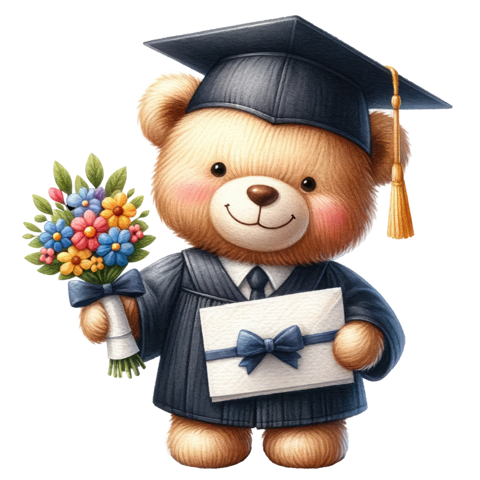 AI generated Cute teddy bear graduation watercolor isolated. png