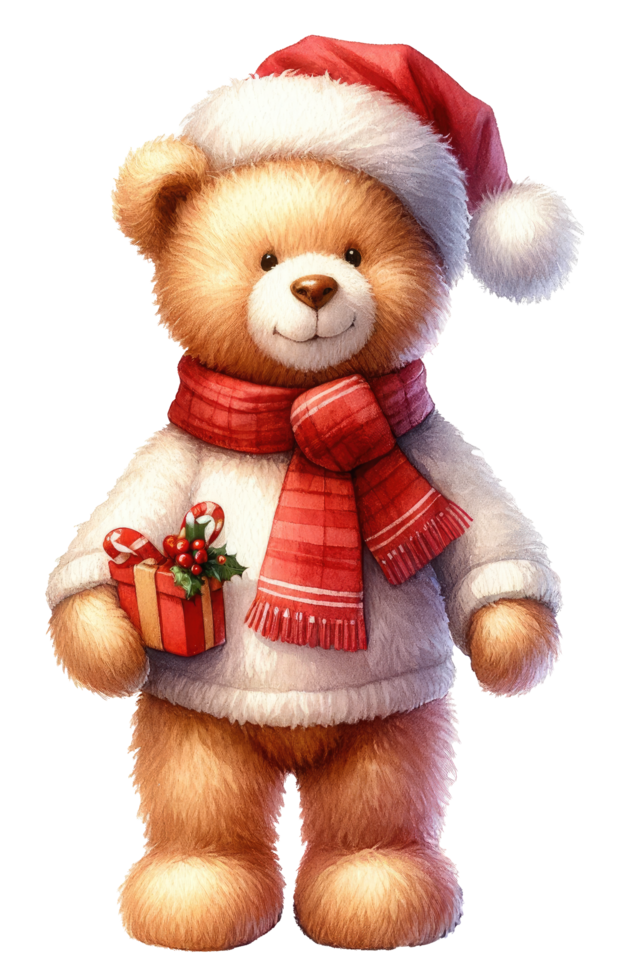 AI generated Joyful Christmas Teddy Bear with Gift. png