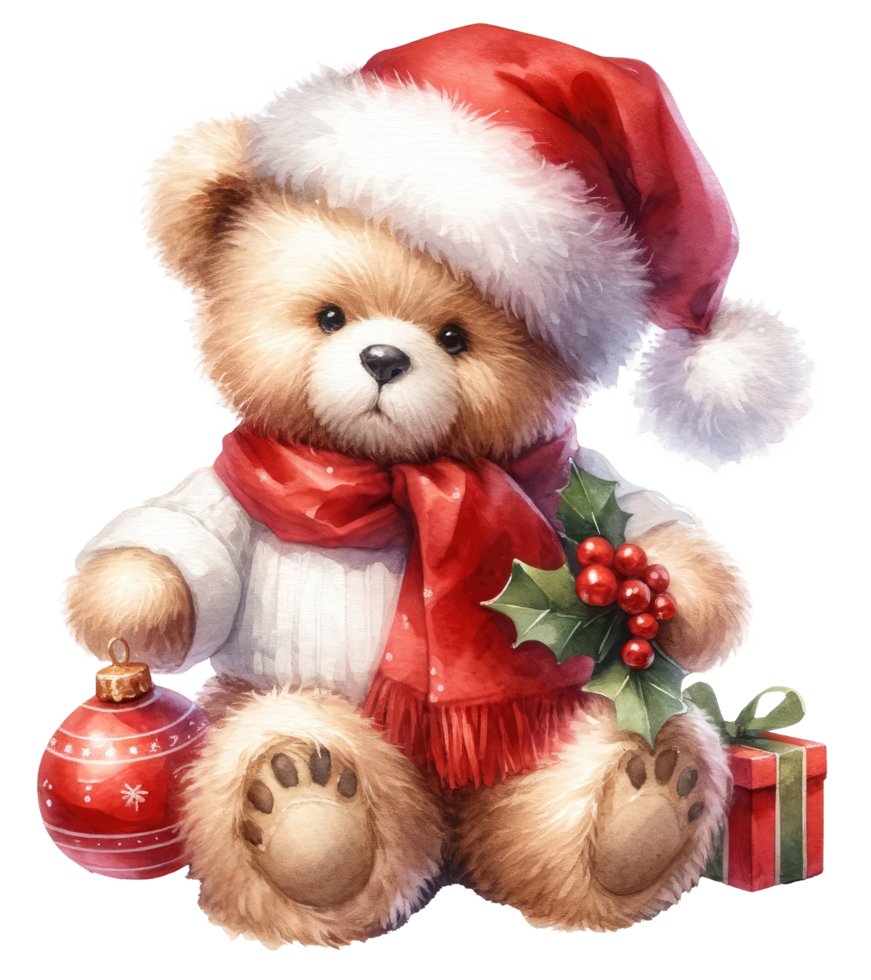 AI generated Joyful Christmas Teddy Bear with Gift. png