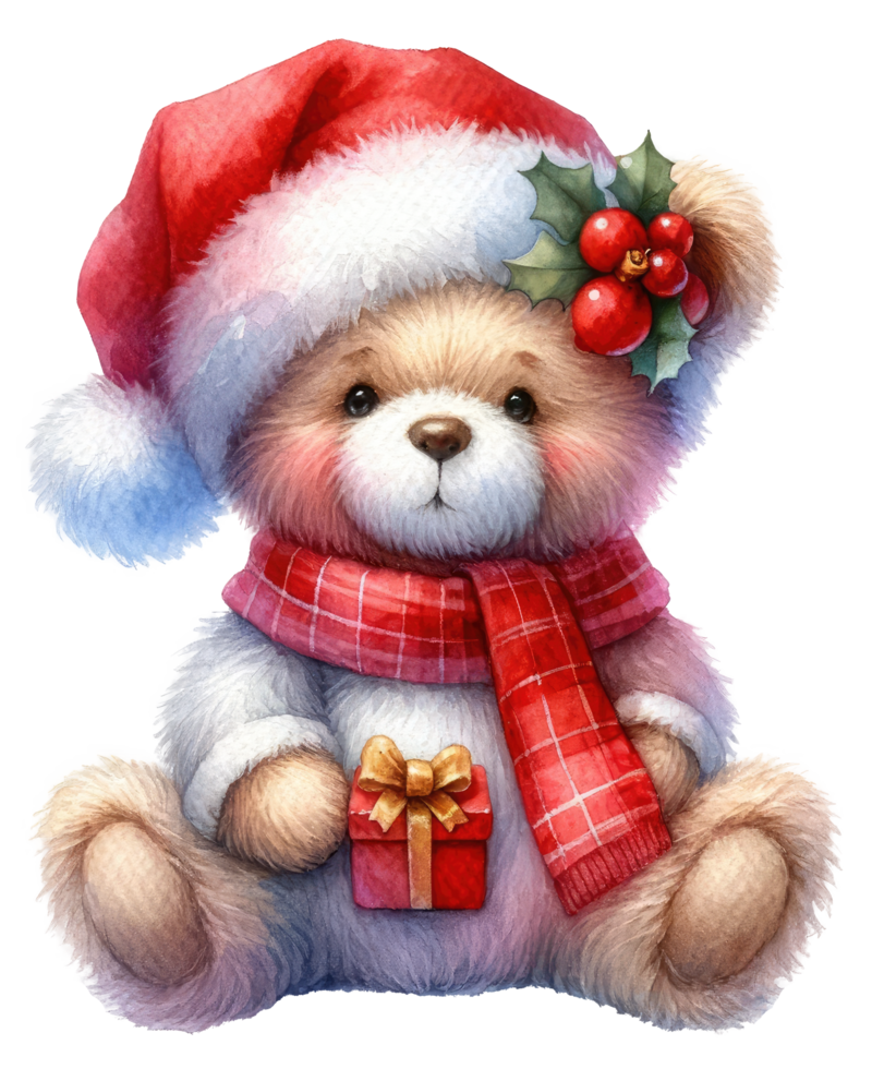 AI generated Joyful Christmas Teddy Bear with Gift. png