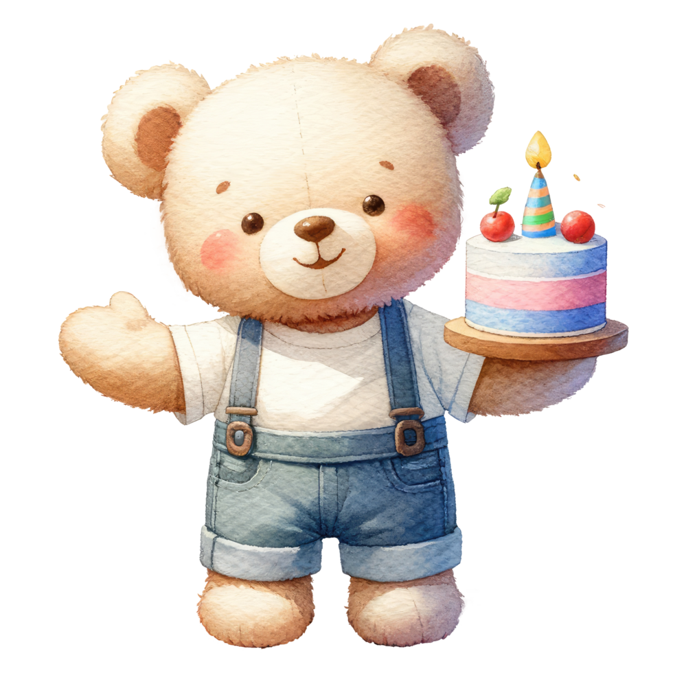 AI generated Cute teddy bear with birthday cake isolated. png