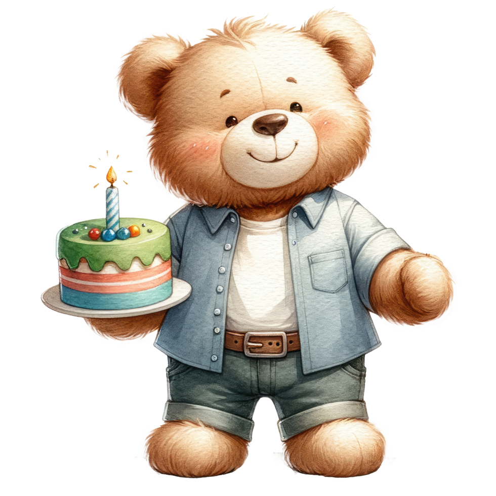 AI generated Cute teddy bear with birthday cake isolated. png