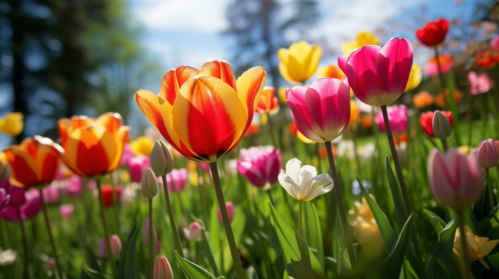 un campo de vistoso tulipanes con arboles en el fondo, generativo ai foto