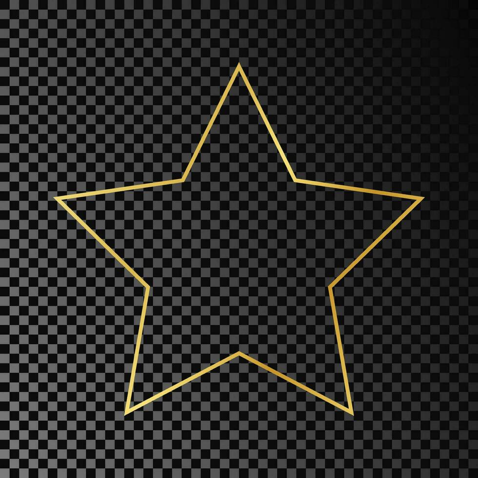 Gold glowing star shape frame isolated on dark background. Shiny frame with glowing effects. Vector illustration.