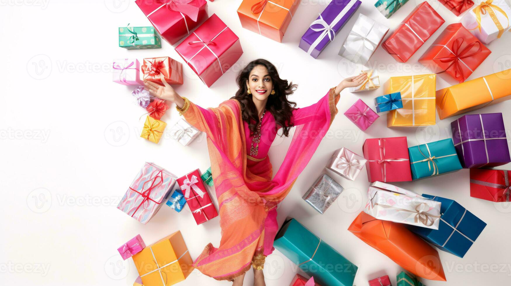 AI generated Festive Elegance Model Amidst a Bounty of Beautifully Wrapped Gifts on a White Backdrop photo