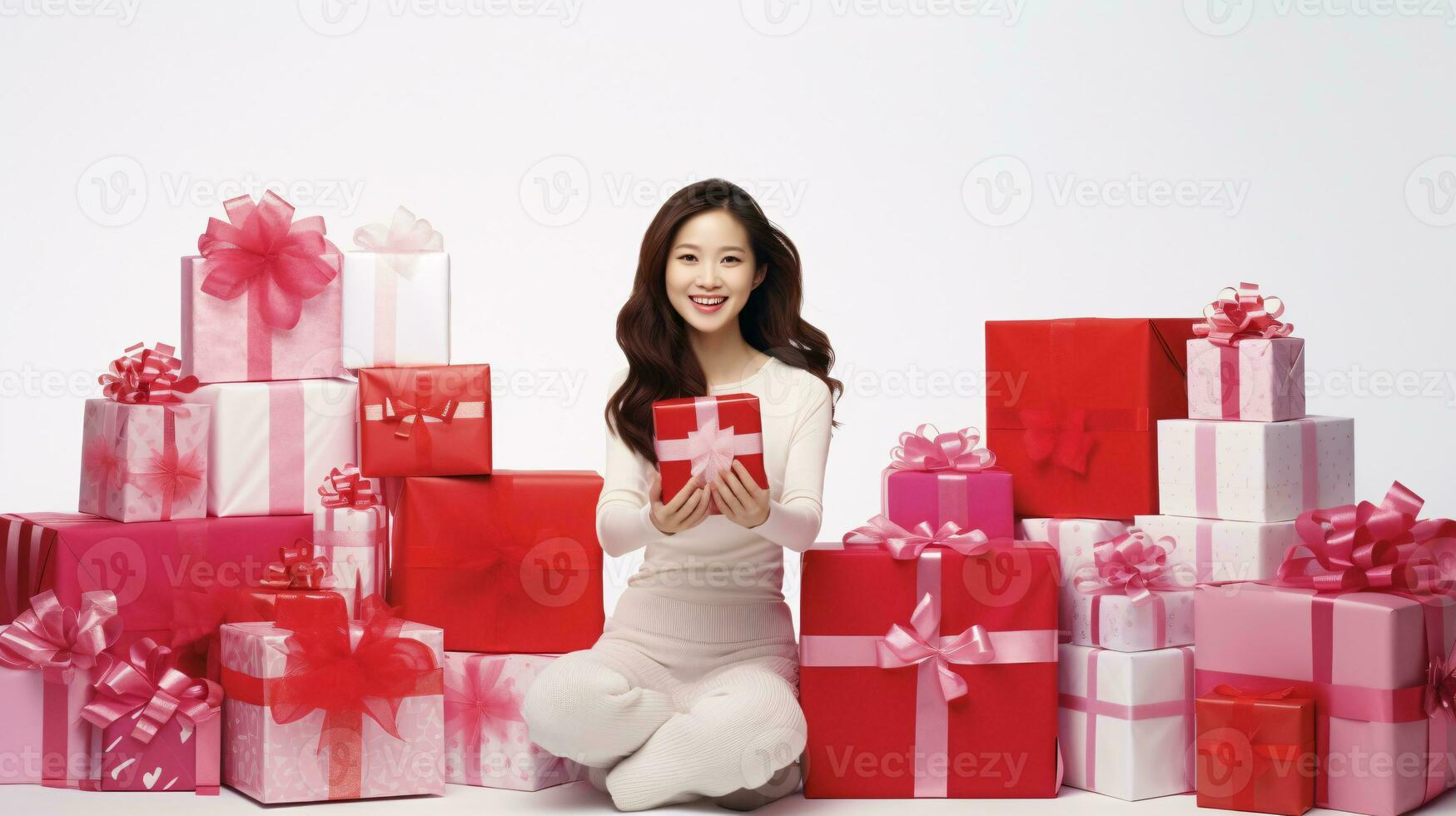 AI generated Festive Elegance Model Amidst a Bounty of Beautifully Wrapped Gifts on a White Backdrop photo