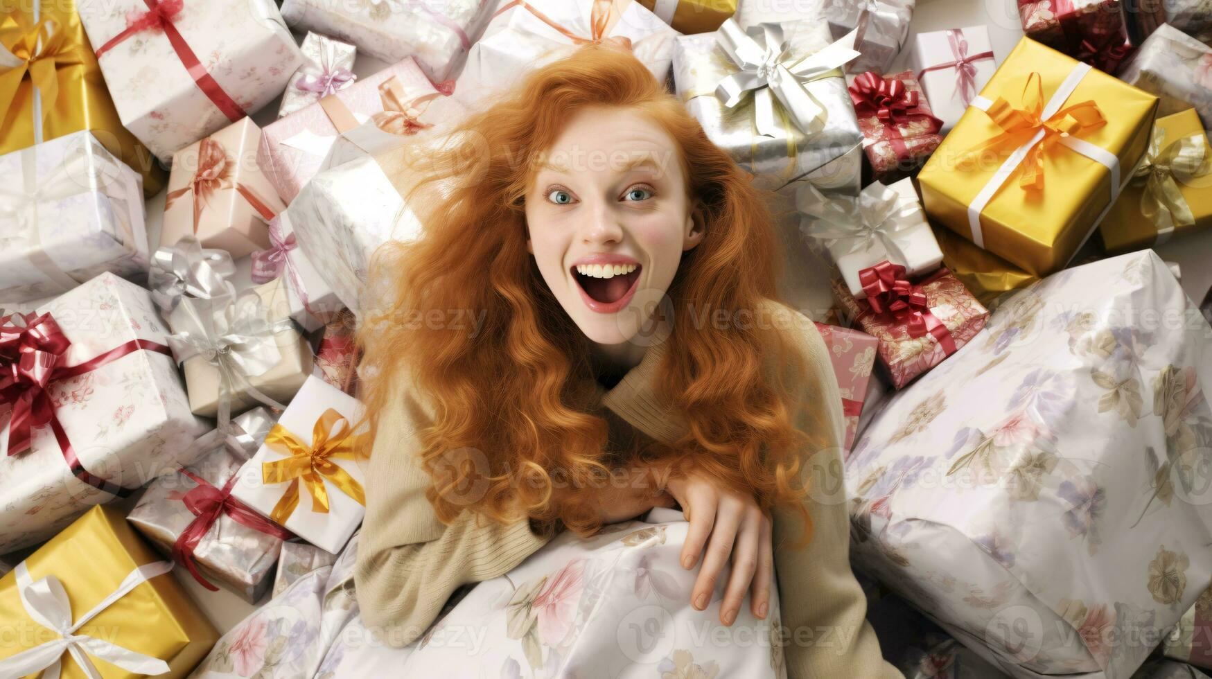 AI generated Festive Elegance Model Amidst a Bounty of Beautifully Wrapped Gifts on a White Backdrop photo