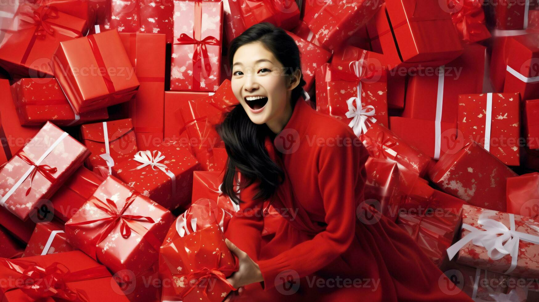 AI generated Festive Elegance Model Amidst a Bounty of Beautifully Wrapped Gifts on a White Backdrop photo