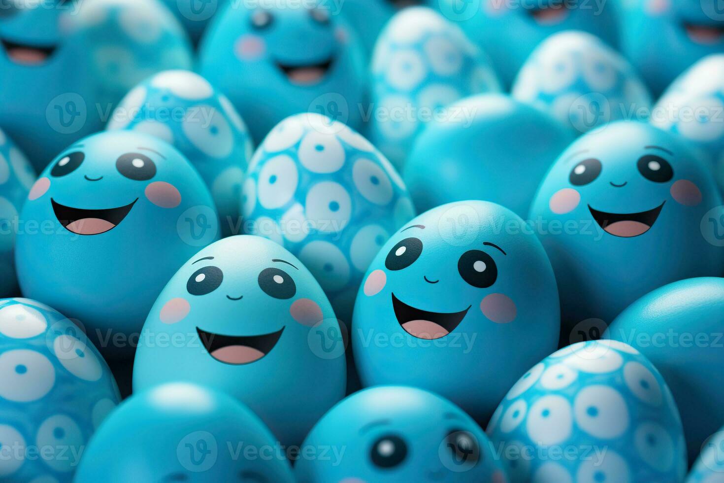 AI generated Blue Easter eggs with smiles. Easter background. Generative AI photo