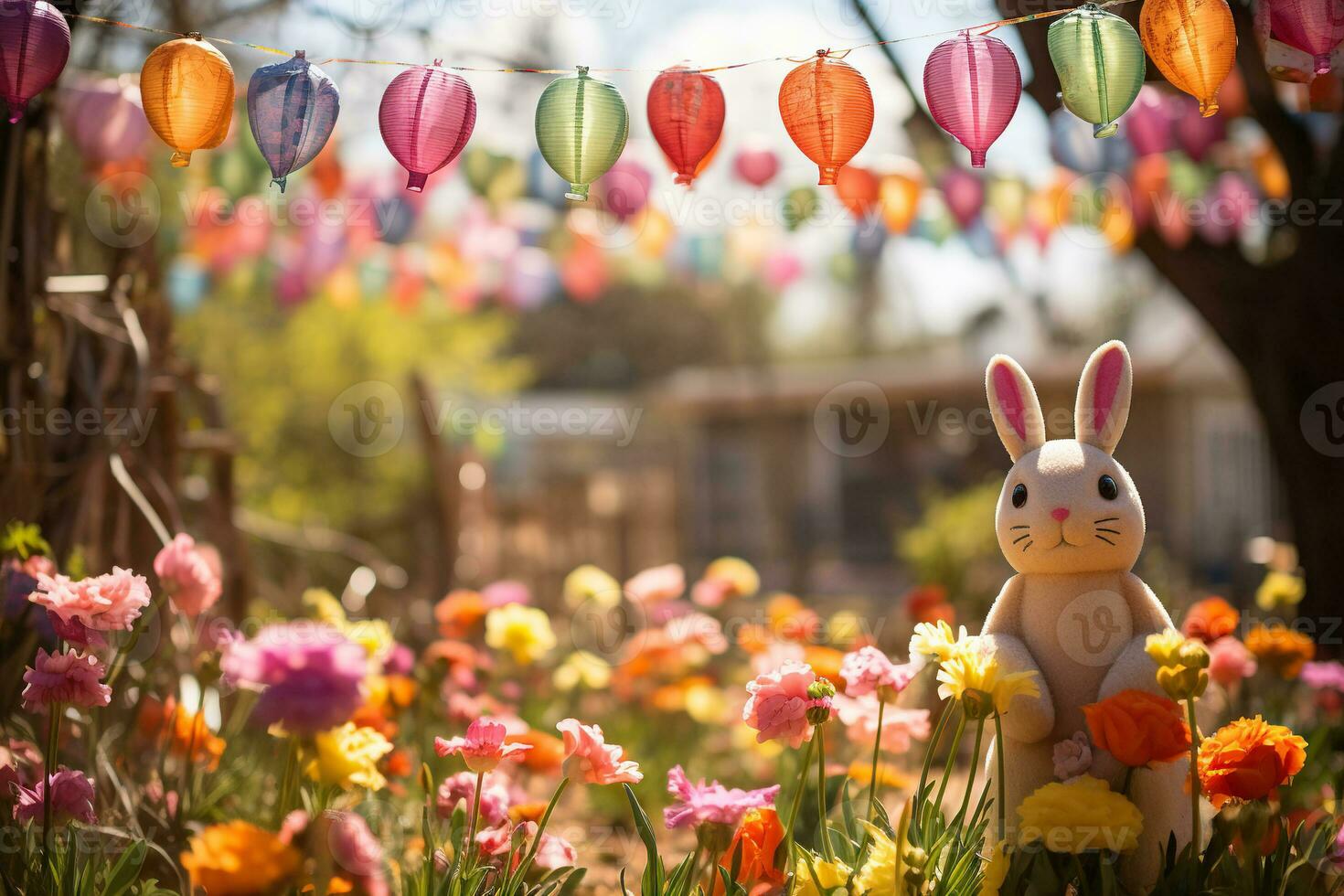 AI generated Easter nature with white bunny in flowers and garland. Generative AI photo