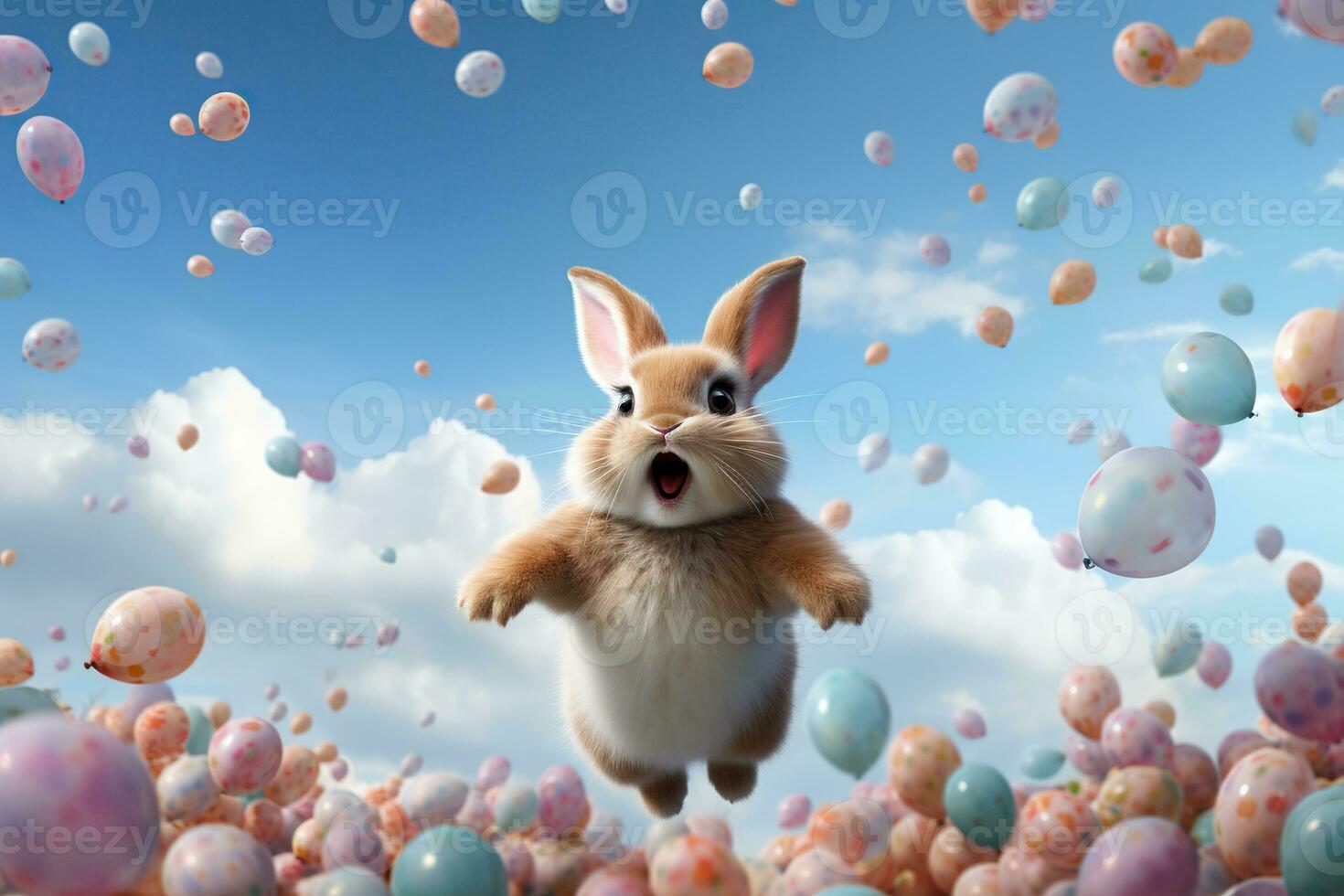 AI generated Easter bunny jumping in the sky surrounded by balloons. Generative AI photo