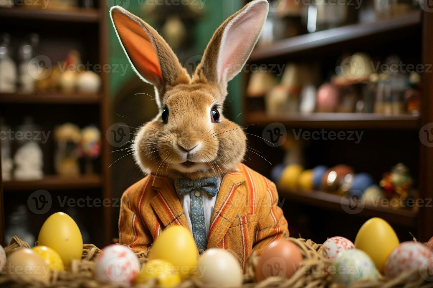 AI generated A gray bunny in a suit sells Easter eggs in a store. Generative AI photo