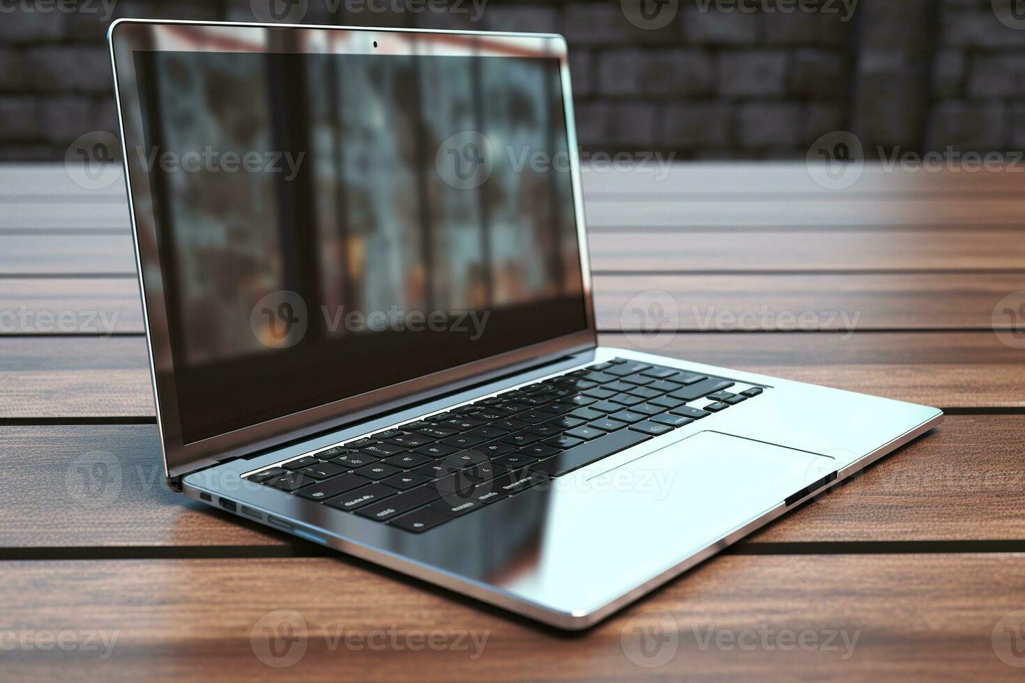 AI generated blank laptop on wooden tabletop photo