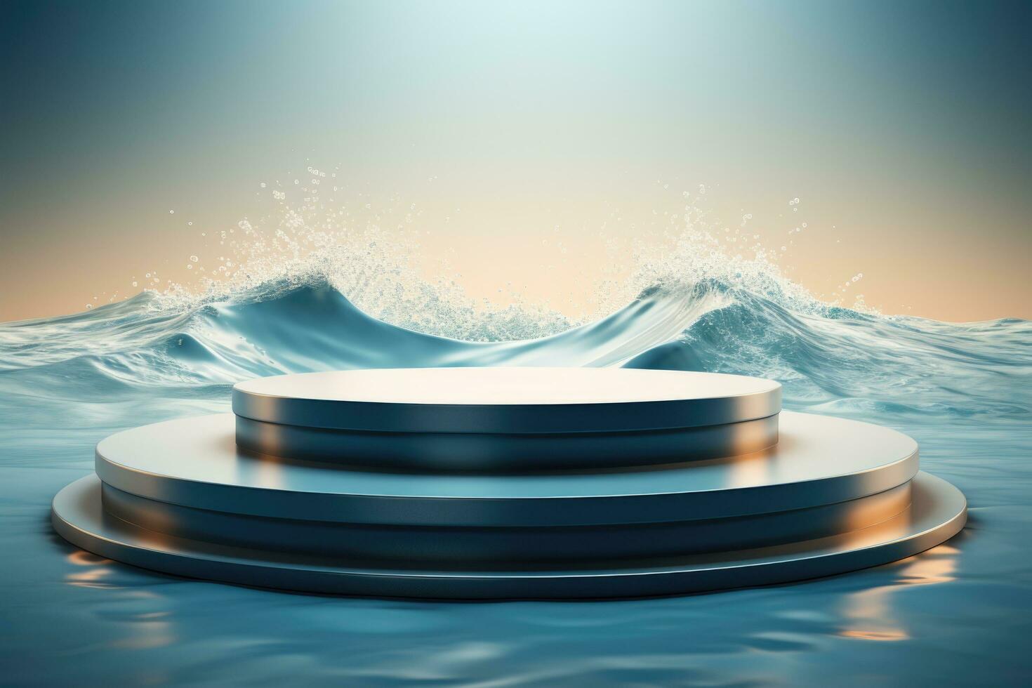 AI generated Metal podium , backdrop of a storm. 3D podium in the sea. Sea foam photo