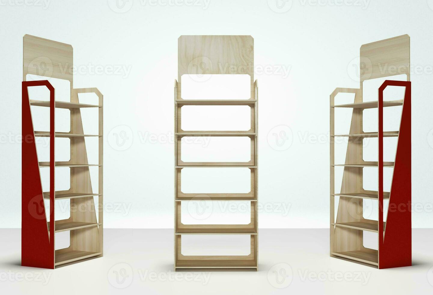 Wooden product display standing unit for superstore. 3D Rendering photo