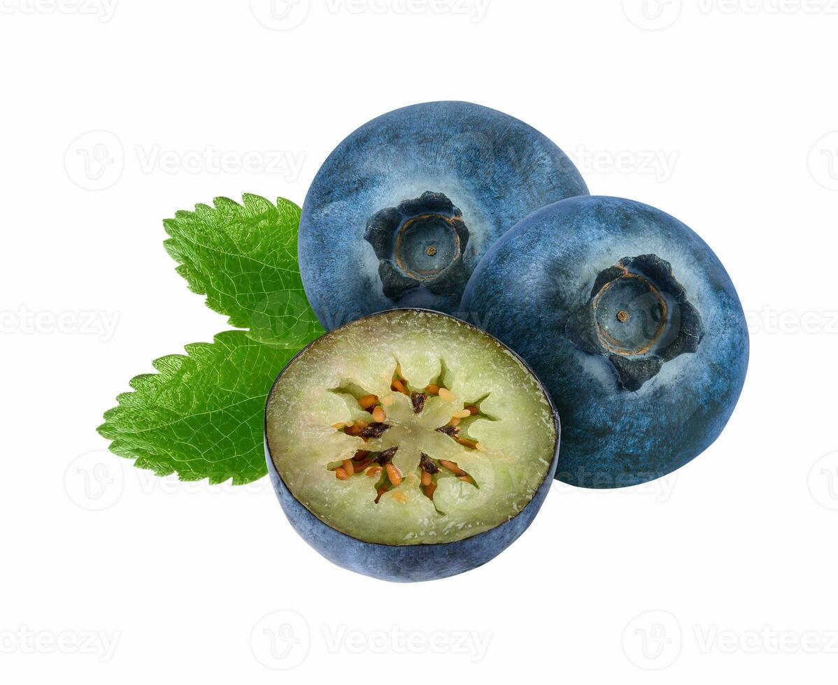 Blueberry isolated. Blueberry whole and half with leaves on white background. photo