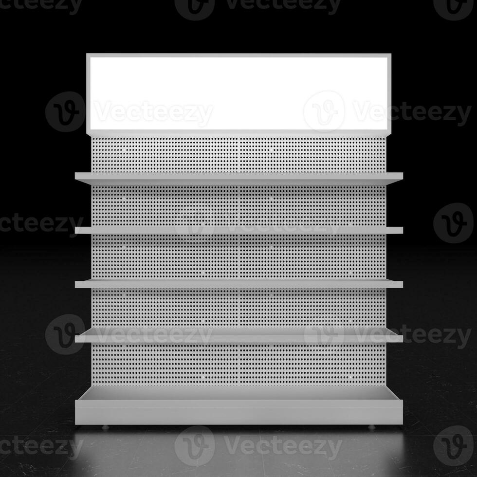 Superstore product display shelf with LED header isolated. 3D Illustration photo